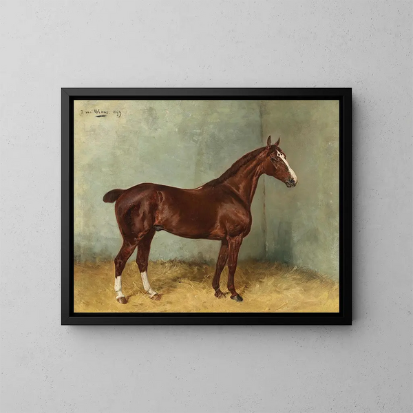 a brown horse with a white star in a stable - Julius von Blaas — framed artwork on a wall