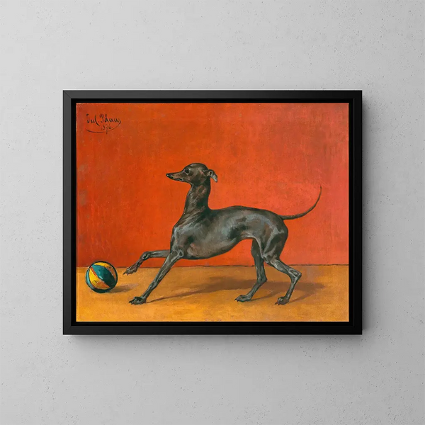 An Italian greyhound or a coursing dog with a ball - Julius von Blaas — framed artwork on a wall