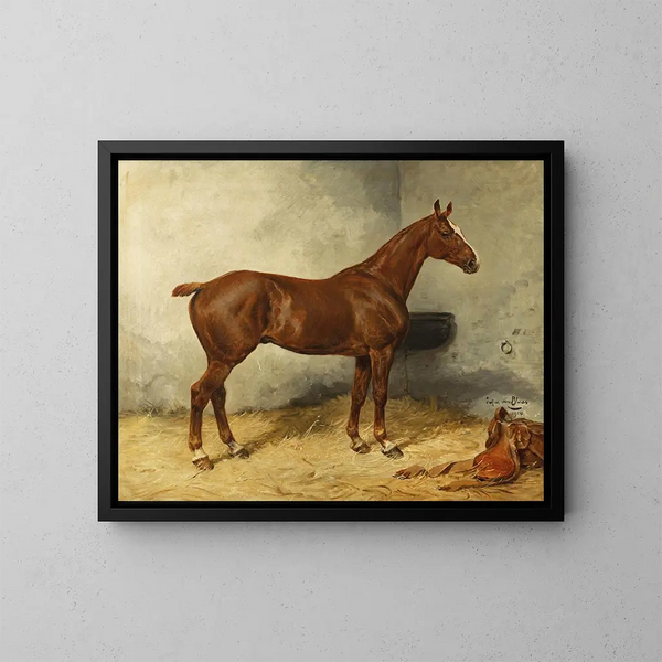 A horse in a stable - Julius von Blaas — framed artwork on a wall