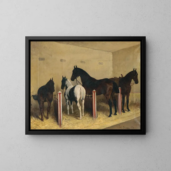 Horses in the Stable - Julius von Blaas — framed artwork on a wall