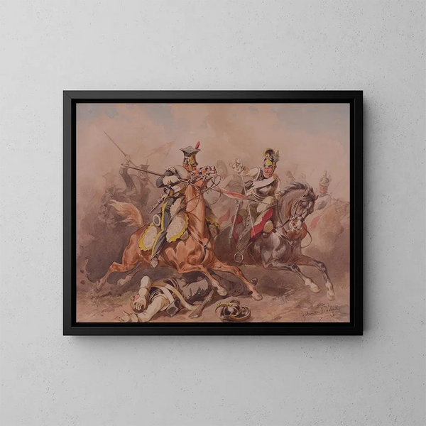 van Escarmouche tussen de lanciers van de Legion de la Vistule en Russische cuirassiers - Juliusz Kossak — ingelijst kunstwerk aan de muur