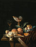 van een Schilderij Een kopje Nautilus, een porseleinen kom WanLi Kraak met gemengde vruchten, een zilveren dienblad en een wijnglas op een stenen tafel met een fluwelen deken - Juriaen van Streeck — weergave van het kunstwerk