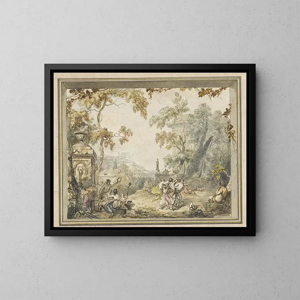 Conception pour une peinture murale d'une chambre, paysage idyllique arcadien avec des bâtiments classiques - Jurriaan Andriessen — framed artwork on a wall