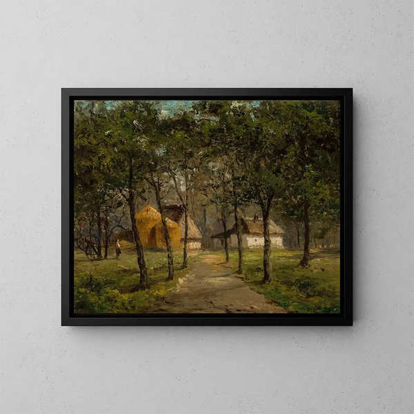 Landscape painting with houses among trees - Józef Marszewski — framed artwork on a wall