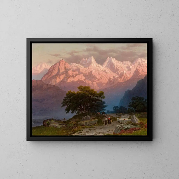 Mountain landscape painting with figures - Józef Marszewski — framed artwork on a wall