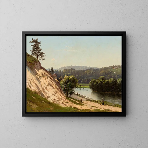 Landscape painting near the Vilnius River - Józef Marszewski — framed artwork on a wall