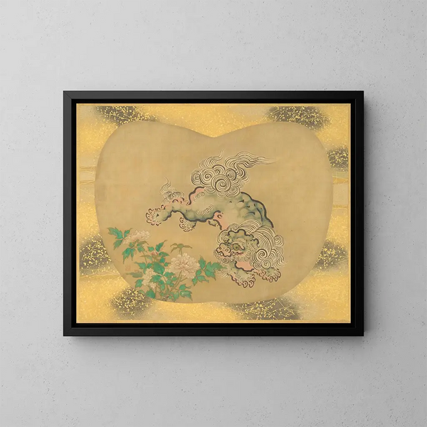 Lion chinois et pivoines - Kanō Tsunenobu — framed artwork on a wall