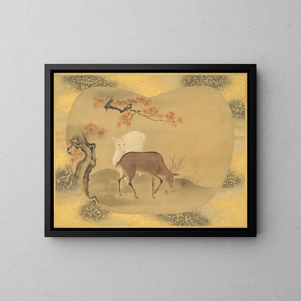 Deer and Autumn Foliage - Kanō Tsunenobu — framed artwork on a wall