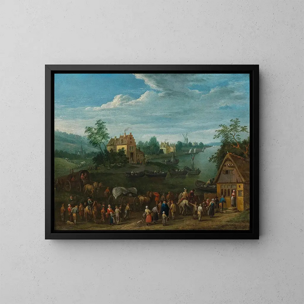 a river landscape with travelers in the foreground - Karel Breydel — framed artwork on a wall