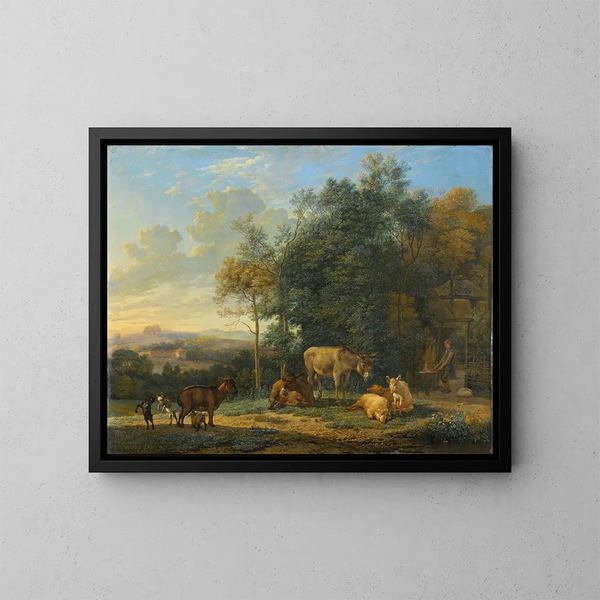Landscape painting with two donkeys, goats, and pigs - Karel Dujardin — framed artwork on a wall