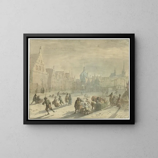 Galgewater à Leyde avec divertissements sur glace - Karel Slabbaert — ingelijst kunstwerk aan de muur