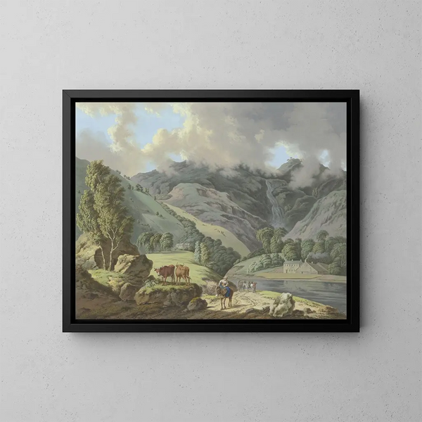 Mountain landscape painting with a waterfall and meadows in the foreground - Karl Franz Kraul — framed artwork on a wall