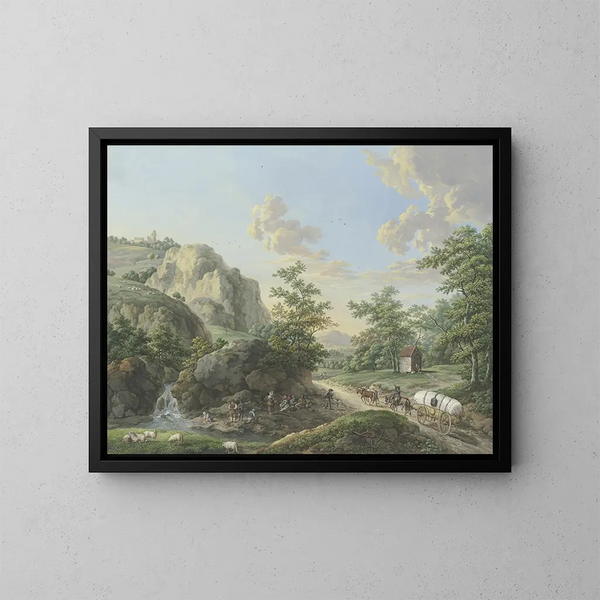 Mountain landscape painting with a cart on the road to the right - Karl Franz Kraul — framed artwork on a wall