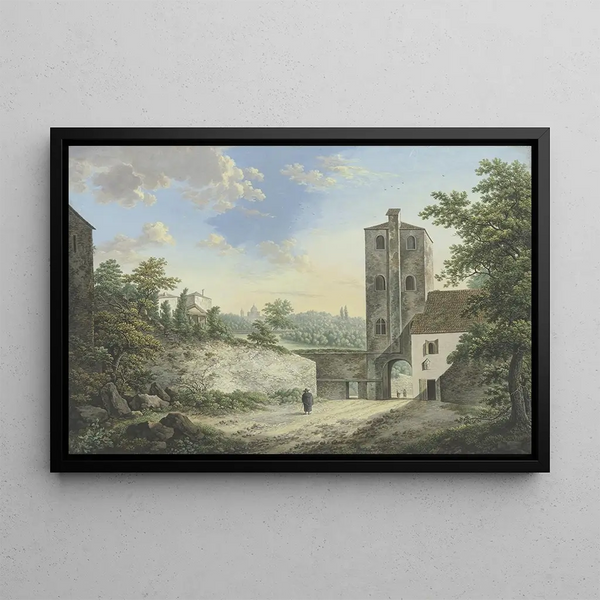 Karl Franz Kraul - Italienische Phantasielandschaft mit einem Turm und Torausgang links auf der Hhe ein Tempel vorne ein Pilger.webp