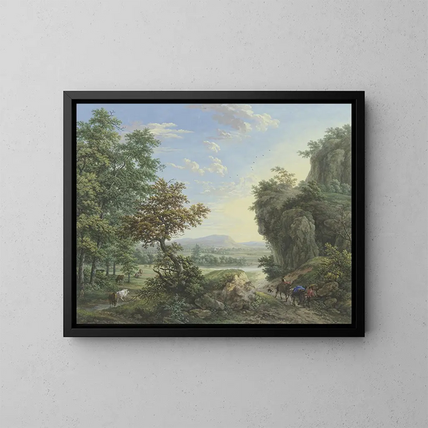 Prairie au bord de l'eau et forêt avec de hautes falaises à droite - Karl Franz Kraul — framed artwork on a wall