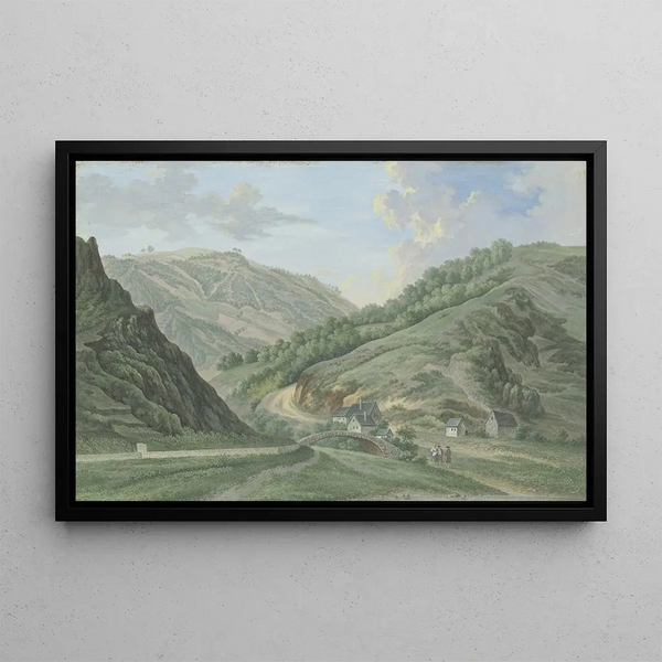 Vallée de la Wiesental près d'un pont avec un groupe de maisons - Karl Franz Kraul — framed artwork on a wall