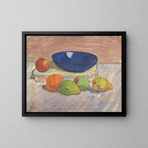 Nature morte avec un bol bleu et des fruits - Karl Isakson — framed artwork on a wall
