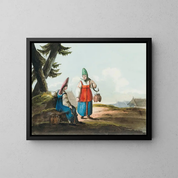 Two peasant women in conversation - Karl Ivanovich Kollman — framed artwork on a wall