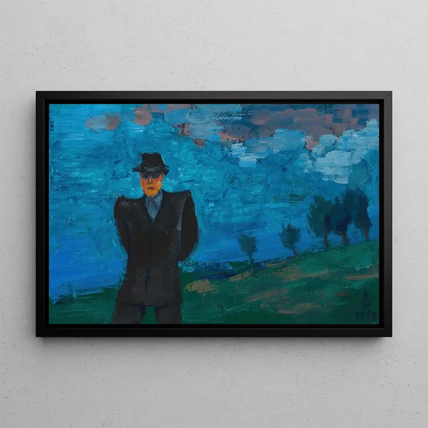 Karl Wiener - Ohne Titel Mann mit schwarzem Anzug und Hut in Landschaft.webp