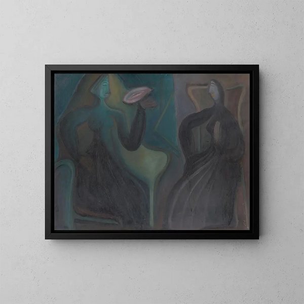 Women Sitting - Karol Polnyi — framed artwork on a wall