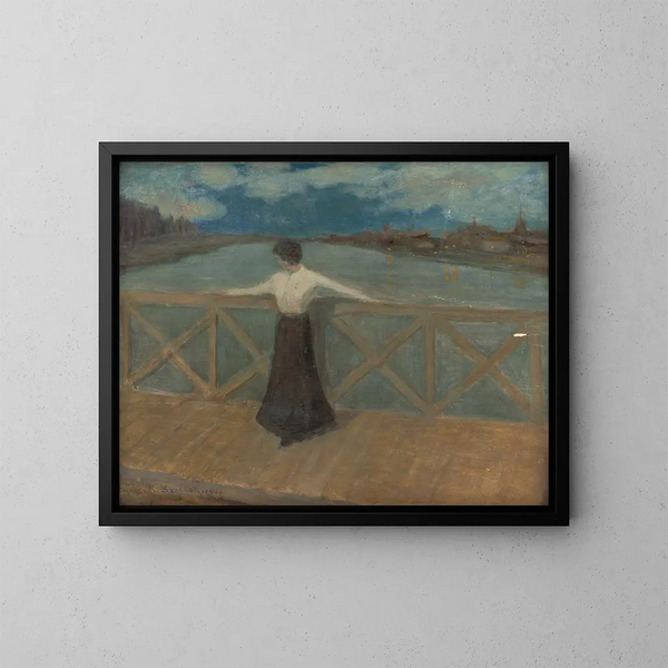 Woman on a bridge - Karol Pongrácz — framed artwork on a wall