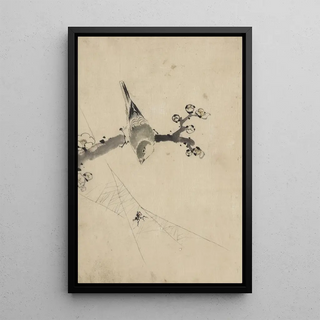 Katsushika Hokusai - A bird perched on a tree branch with blossoms watching a spider on a web.webp