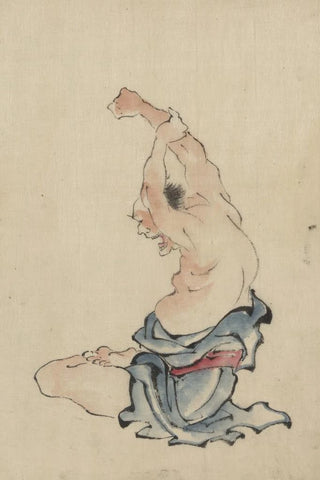 Katsushika Hokusai - A man barechested sitting crosslegged with arms raised over his head stretching or practicing yoga.webp
