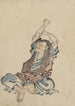 Een man die naar links is gekeerd, meerdere lagen kleding dragend, zittend, met zijn armen boven zijn hoofd, yoga beoefenend - Katsushika Hokusai — weergave van het kunstwerk
