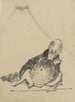 Een liggende monnik die een grote conische hoed voor zich houdt met uitzicht op de berg Fuji op de achtergrond - Katsushika Hokusai — weergave van het kunstwerk