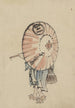 Een persoon die naar links loopt, voornamelijk verborgen door een open parasol gedragen op de schouder - Katsushika Hokusai — weergave van het kunstwerk