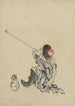 van een zittende reiziger, gekleed in een jurk, laarzen en een conisch hoed met afgeronde top, roken van een lange pijp - Katsushika Hokusai — weergave van het kunstwerk