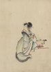 Une femme, peut-être une courtisane, assise tournée naar rechts, met haar hoofd gedraaid om over haar rechter schouder te kijken, met meerdere haarspelden - Katsushika Hokusai — weergave van het kunstwerk