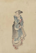 Een vrouw die naar rechts loopt, een volledig portret dat naar links is gekeerd, gekleed in een kimono en geta - Katsushika Hokusai — weergave van het kunstwerk