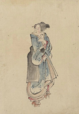 Katsushika Hokusai - A woman walking to the right fulllength portrait facing left wearing kimono and geta.webp