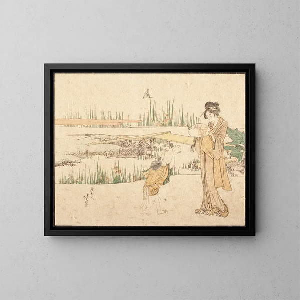 Vrouw en kind in een tuin, fragment van de Vissers van goudvissen - Katsushika Hokusai — ingelijst kunstwerk aan de muur
