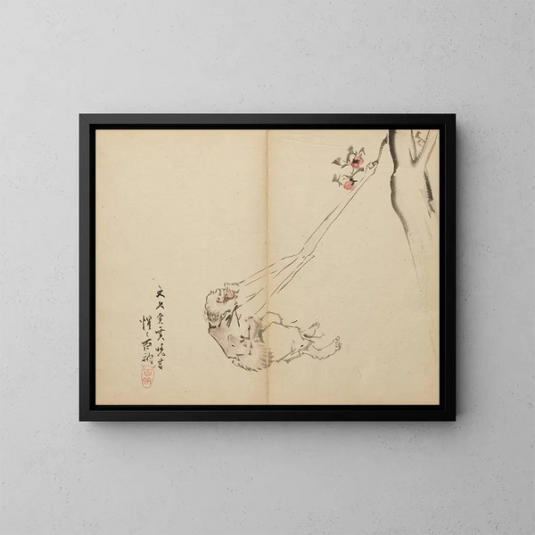 Les bras longs saisissant des fruits - Kawanabe Kyōsai — framed artwork on a wall