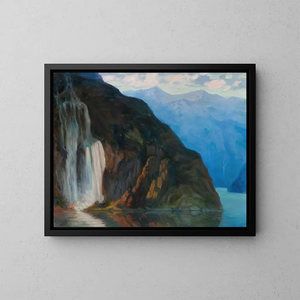 Landscape with a Waterfall - Kazimierz Stabrowski — framed artwork on a wall