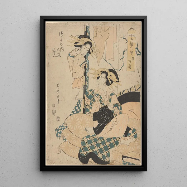 Kikukawa Eizan - Geisha Seated on Cushions pipe in hand another woman looking on from door.webp