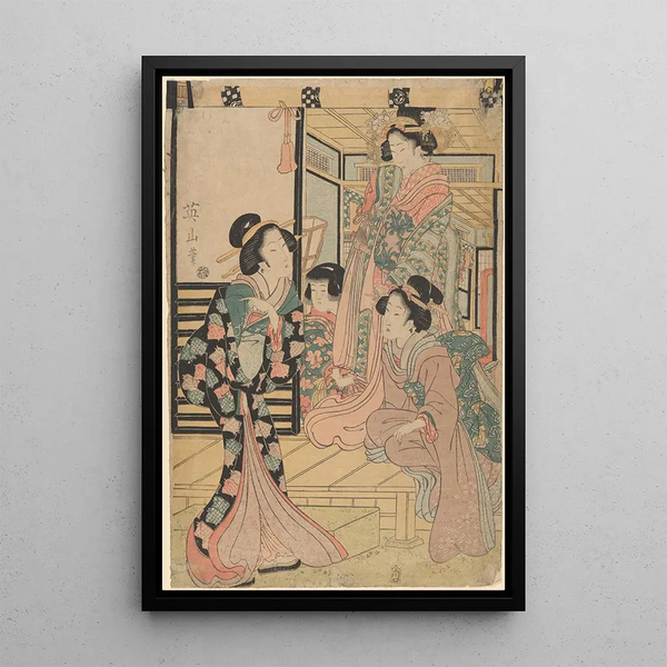 Kikukawa Eizan - Three Beauties and a Child two standing one seated.webp
