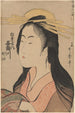 Vrouw met hoed en mouw - Kitagawa Utamaro — ingelijst kunstwerk aan de muur