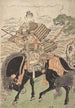 Kajiwara Genta Kagesue sur un cheval noir - Kitao Shigemasa — weergave van het kunstwerk