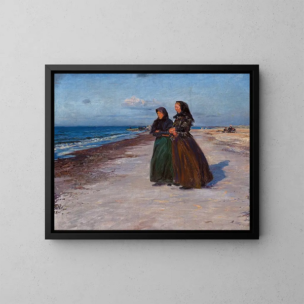van twee vissersvrouwen op het strand tijdens stormachtig weer, Noord-Jutland - Knud Larsen Bergslien — ingelijst kunstwerk aan de muur