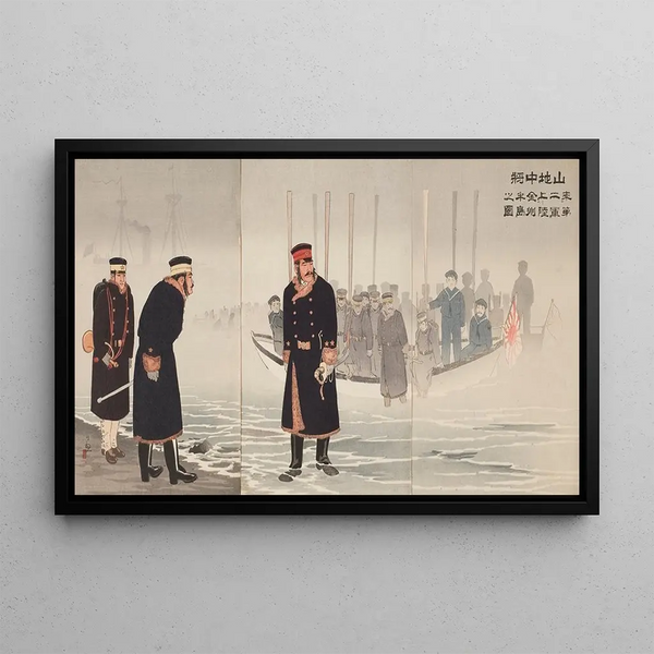 De luitenant-generaal Yamaji die het tweede Japanse leger leidt tijdens zijn landing op het schiereiland Jinzhou - Kobayashi Kiyochika — ingelijst kunstwerk aan de muur
