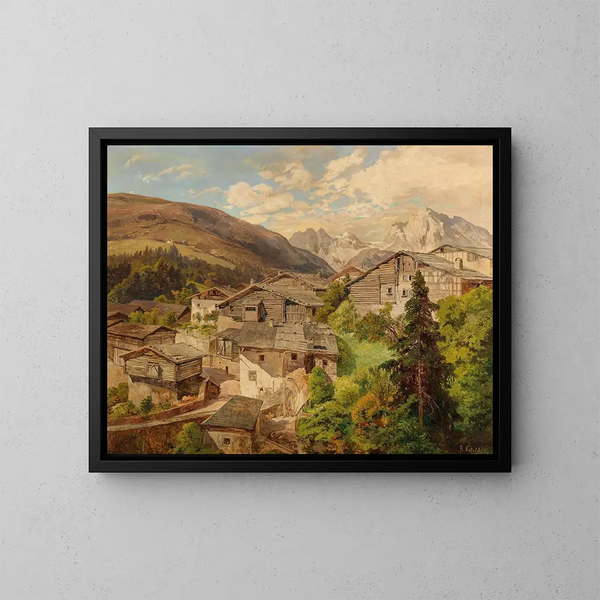 Alpine Village Painting - Konrad Petrides — framed artwork on a wall