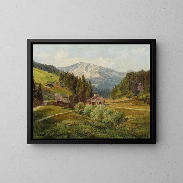 View of a mountain pasture with the Schneeberg in the background - Konrad Petrides — framed artwork on a wall