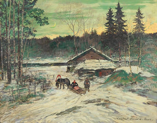Konstantin Alexeevich Korovin - Chasseur discutant avec une femme dans un traineau.webp