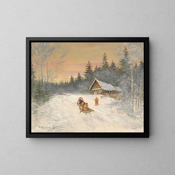 Dorp in Rusland onder de sneeuw - Konstantin Alexeïevitch Korovine — ingelijst kunstwerk aan de muur