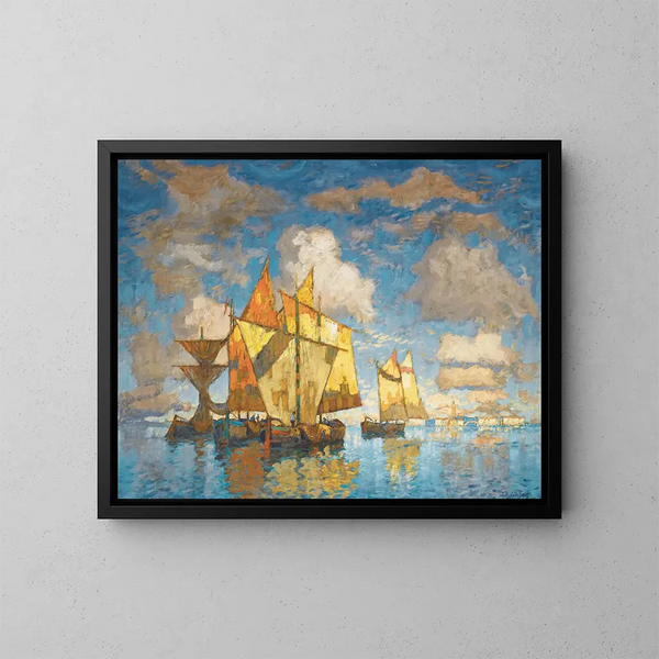 Fishing boats in the Venice lagoon - Konstantin Ivanovich Gorbatov — framed artwork on a wall