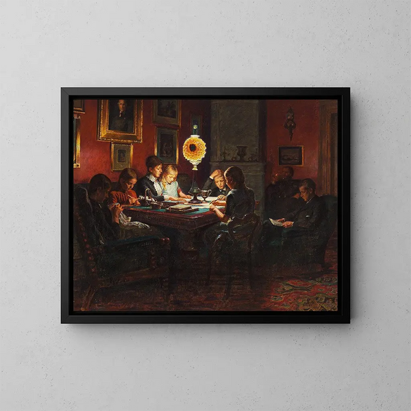 Family Portrait Painting by the Lamp Light - Kristian Zahrtmann — framed artwork on a wall