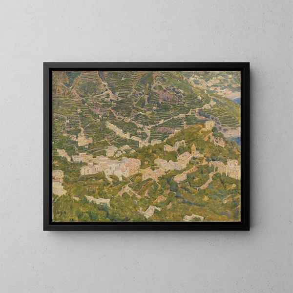 Bird's-eye view painting of Ravello towards Torello - Kristian Zahrtmann — framed artwork on a wall